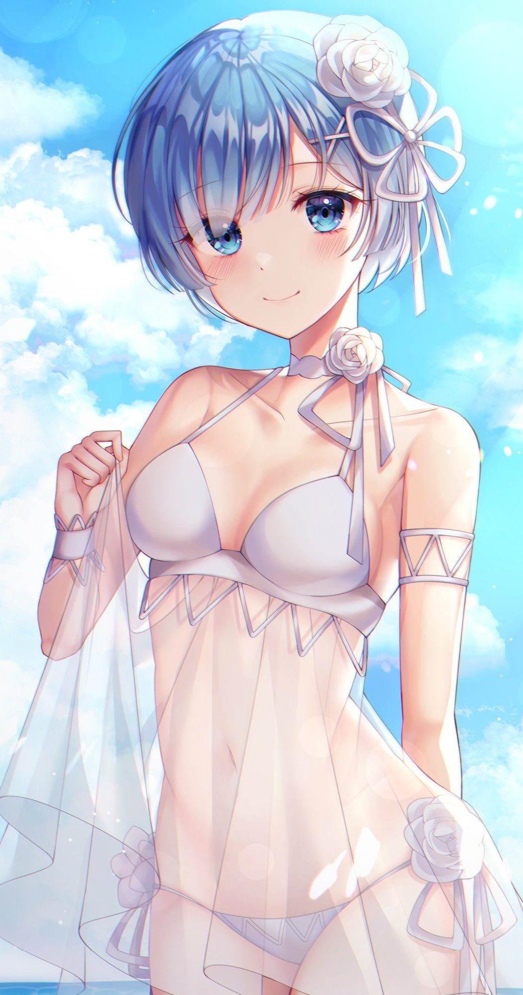 1girl 58_(opal_00_58) bare_arms bare_shoulders bikini blue_eyes blue_hair blue_theme breasts choker closed_mouth collarbone cowboy_shot day flower hair_flower hair_ornament halterneck highres medium_breasts navel outdoors re:zero_kara_hajimeru_isekai_seikatsu rem_(re:zero) see-through_clothes short_hair side-tie_bikini_bottom smile solo spaghetti_strap standing stomach string_bikini sunlight swimsuit white_bikini white_choker wristband