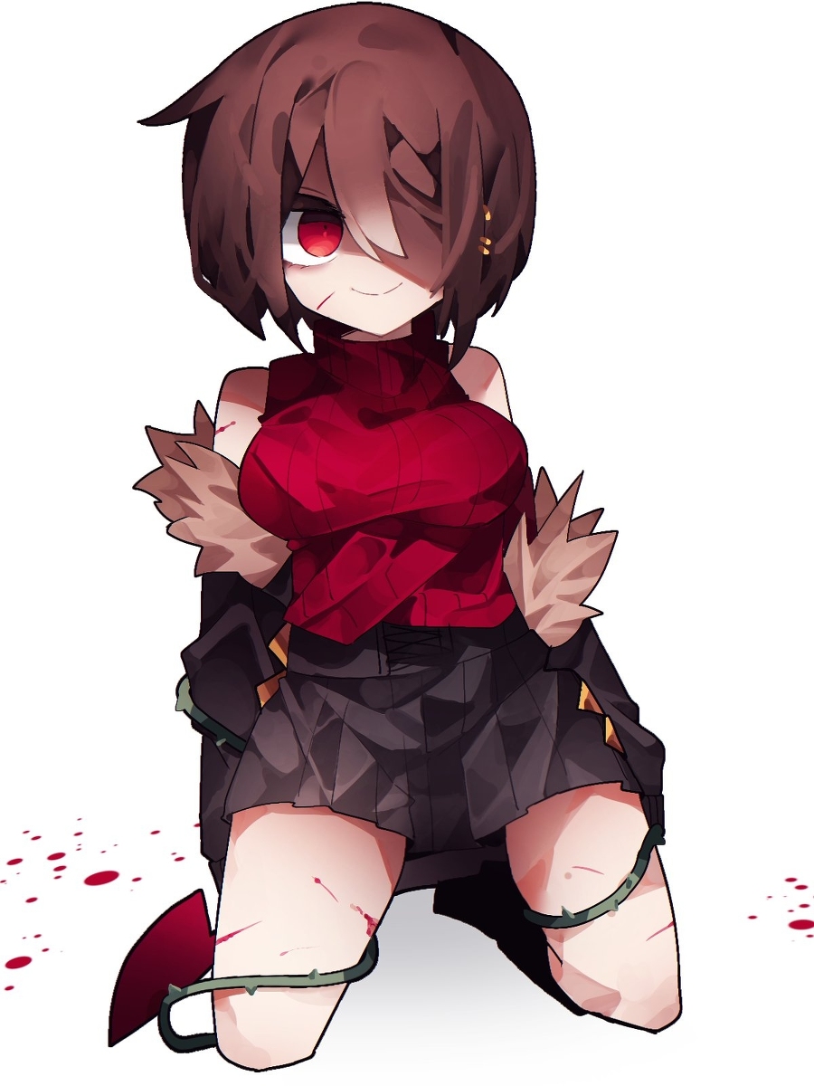 alternate_universe black_jacket black_skirt blood brown_hair chara_(undertale) deeeeeeen114514 fur-trimmed_jacket fur_trim genderswap genderswap_(otf) highres holding holding_knife jacket knife red_eyes red_shirt red_sweater shirt short_hair skirt smile solo storyfell sweater undertale white_background