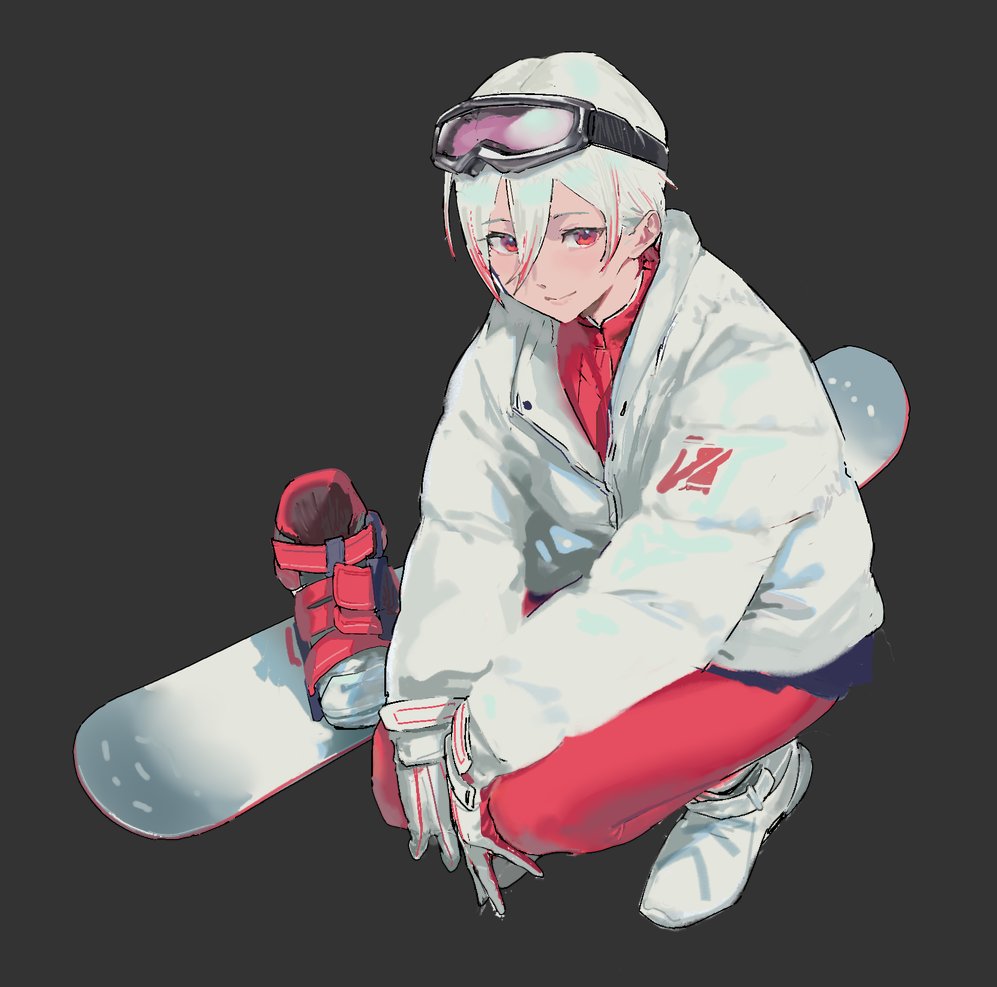 1girl coffee1815 copyright_request gloves goggles goggles_on_head jacket looking_at_viewer pants red_pants short_hair simple_background ski_goggles snowboard solo squatting