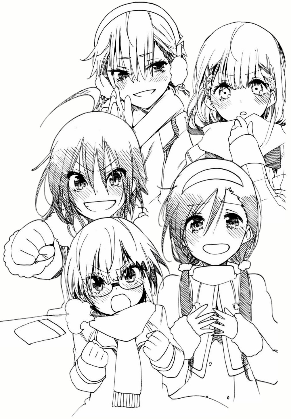 5girls ahoge blush bokutachi_wa_benkyou_ga_dekinai braid coat earmuffs furuhashi_fumino glasses hairband highres kirisu_mafuyu kominami_asumi long_hair mole mole_under_eye monochrome multiple_girls ogata_rizu open_mouth scarf short_hair smile takemoto_uruka tsutsui_taishi twintails