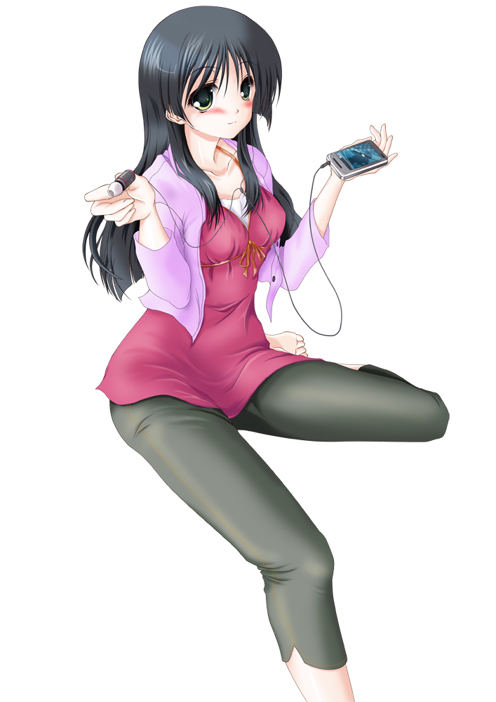 1girl bad_id bad_pixiv_id black_hair casual digital_media_player female_focus green_eyes ipod ipod_touch long_hair sakurajosui_neko sakurajousui_neko saten_ruiko solo toaru_kagaku_no_railgun toaru_majutsu_no_index