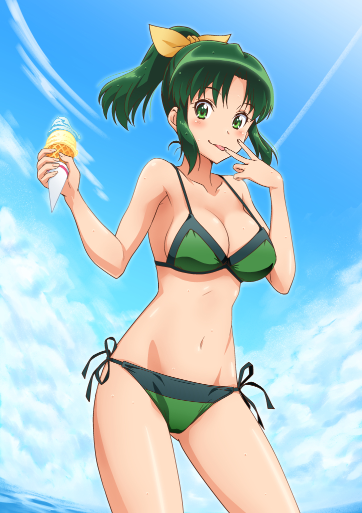 10s 1girl 4x4=16 :p bad_id bad_pixiv_id bikini blue_sky blush breasts cloud day female_focus food green_bikini green_eyes green_hair ice_cream ice_cream_cone large_breasts looking_at_viewer matching_hair/eyes md5_mismatch midorikawa_nao navel ocean ponytail precure short_hair side-tie_bikini_bottom sky smile smile_precure! solo standing swimsuit tongue tongue_out