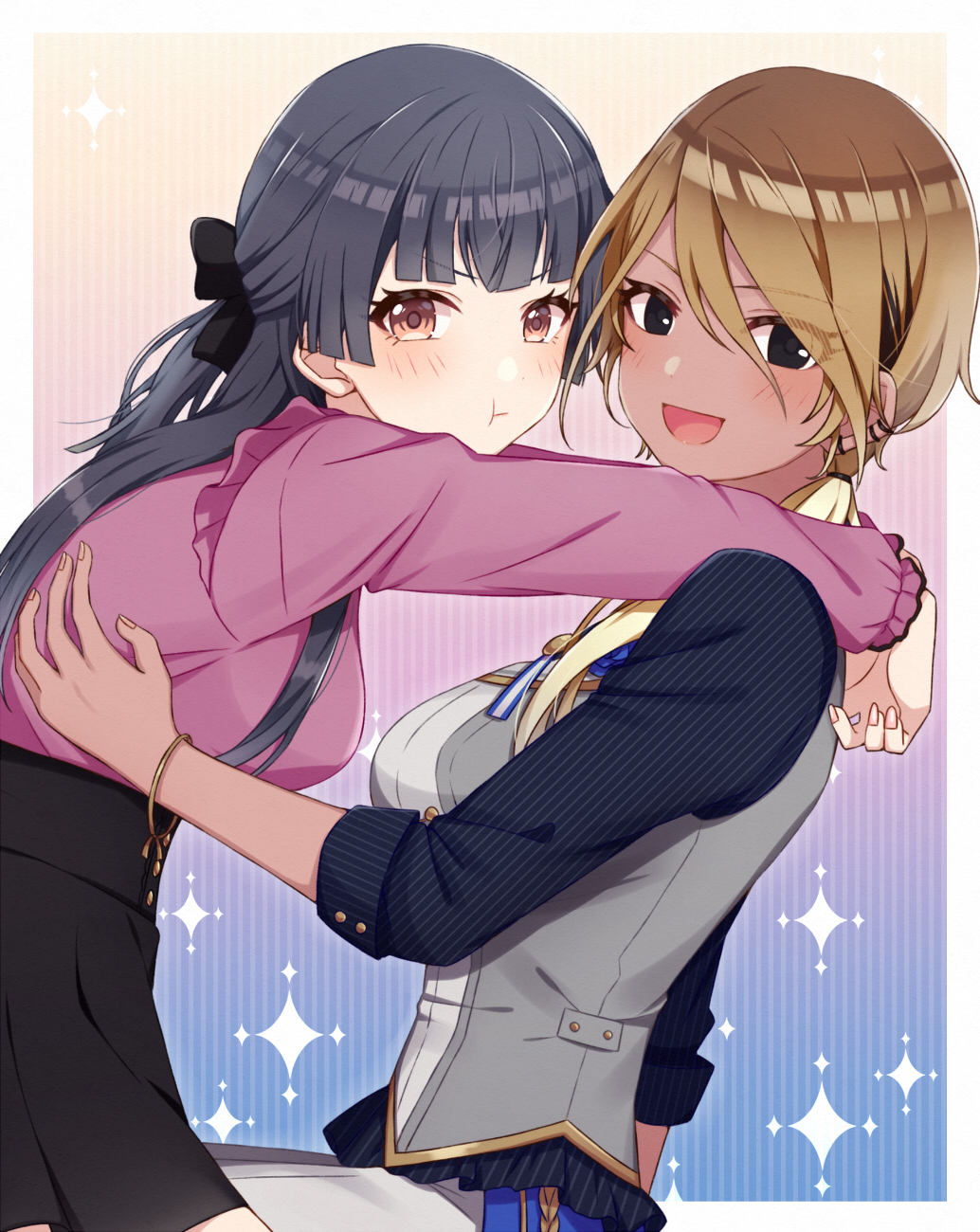 2girls :d arms_around_neck ascot black_eyes black_hair blonde_hair blouse blue_background blunt_bangs blush bow bracelet breasts brown_eyes brown_hair collared_shirt earrings frilled_shirt frills gradient_background gradient_hair gyaru hair_bow highres hoshino_hikari hug idolmaster idolmaster_shiny_colors izumi_mei jewelry large_breasts long_hair looking_at_viewer mayuzumi_fuyuko medium_breasts miniskirt multicolored_hair multiple_earrings multiple_girls open_mouth pants pink_background ponytail pout shirt simple_background skirt smile star_(symbol) striped_clothes striped_shirt tan vest yuri