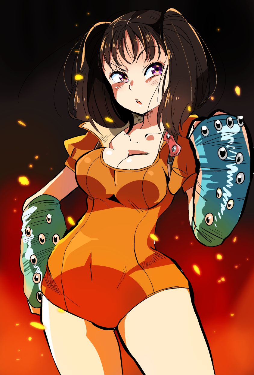 &gt;:o 10s 1girl :o angry black_hair blush bodysuit breasts brown_hair cleavage collarbone covered_navel cowboy_shot diane_(nanatsu_no_taizai) elbow_gloves embers female_focus fingerless_gloves fire gloves hand_on_own_hip highres hip_focus large_breasts leotard long_hair looking_at_viewer nanatsu_no_taizai parted_bangs puffy_short_sleeves puffy_sleeves purple_eyes short_hair short_sleeves short_twintails solo sparks standing sunameri_oishii twintails v-shaped_eyebrows