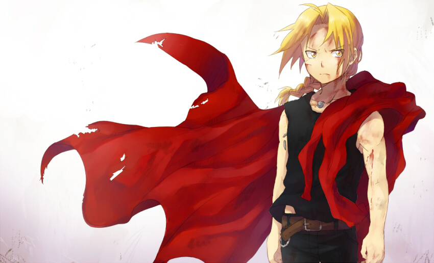 00s 1boy ahoge belt blonde_hair blood braid braided_ponytail coat edward_elric fullmetal_alchemist male_focus riru single_braid solo yellow_eyes