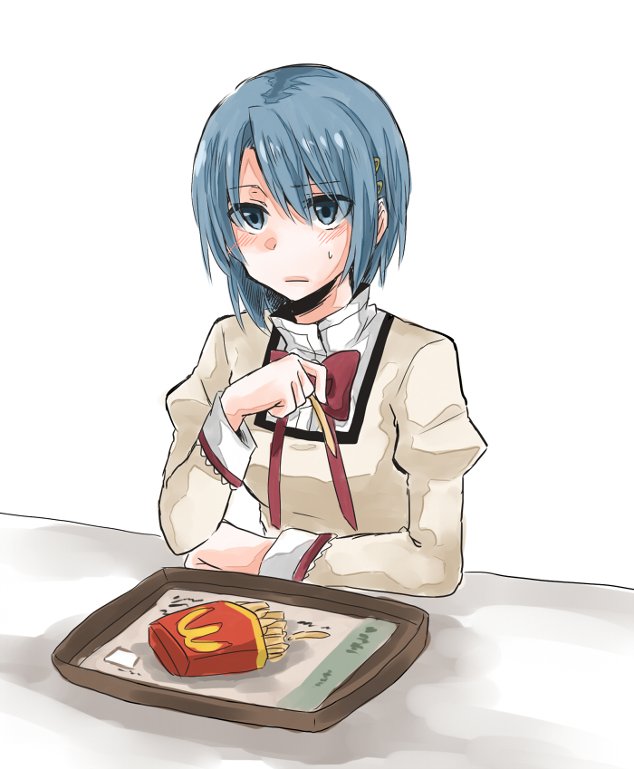 10s 1girl blue_eyes blue_hair blush bow female_focus food french_fries hair_ornament hairclip jikasei mahou_shoujo_madoka_magica mahou_shoujo_madoka_magica_(anime) matching_hair/eyes mcdonald&#039;s miki_sayaka school_uniform short_hair solo sweatdrop