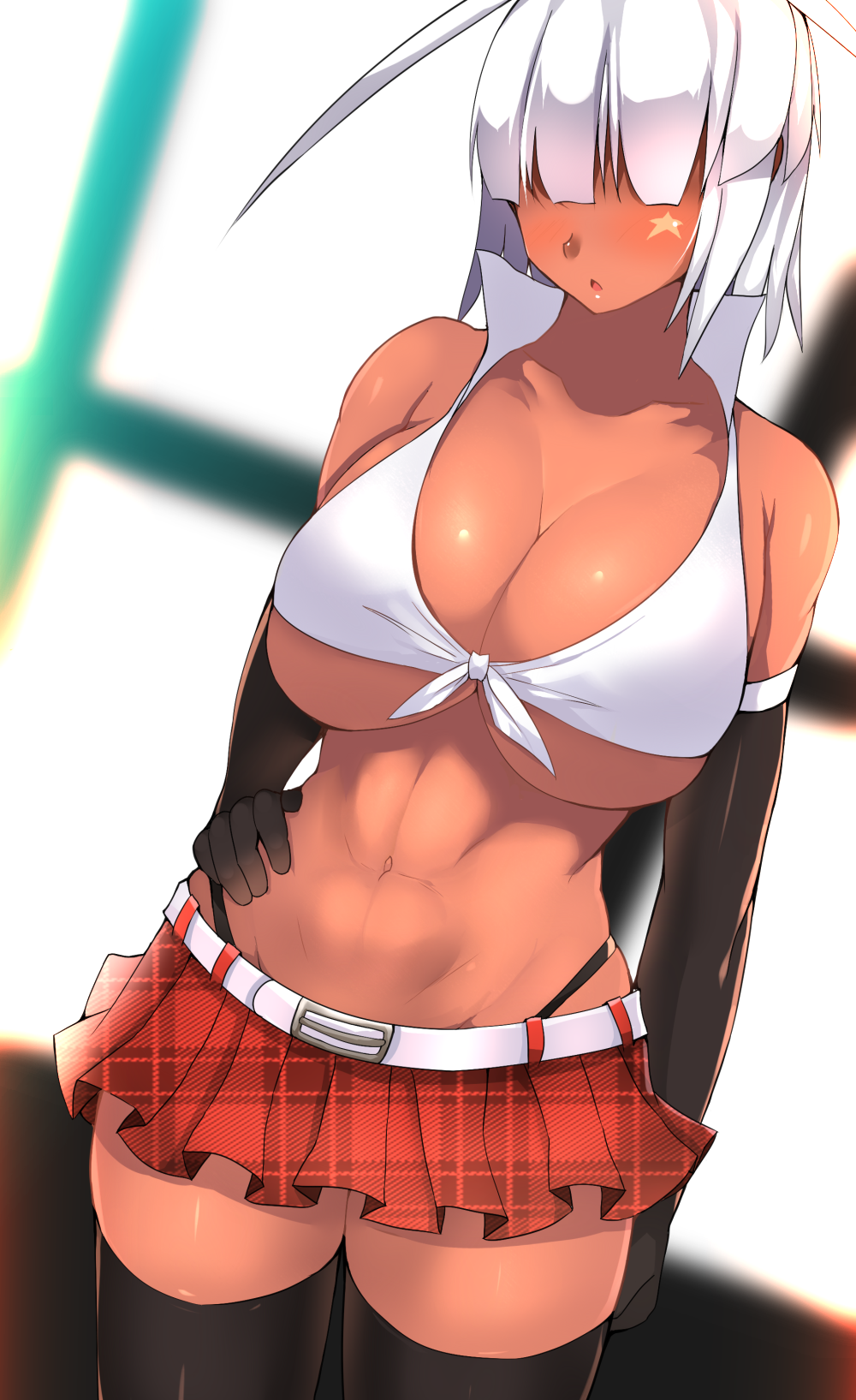 1girl abs bare_shoulders belt bikini bikini_top_only black_gloves black_panties black_thighhighs blush breasts cleavage collarbone dark-skinned_female dark_skin elbow_gloves facial_mark female_focus gloves hair_over_eyes highleg highleg_panties highres large_breasts microskirt midriff miniskirt navel open_mouth original panties pleated_skirt silver_hair skirt solo souma_(ordures) star_(symbol) star_facial_mark swimsuit tan thighhighs tsuwabuki tsuwabuki_(souma_(ordures)) underboob underbust underwear unmoving_pattern zettai_ryouiki