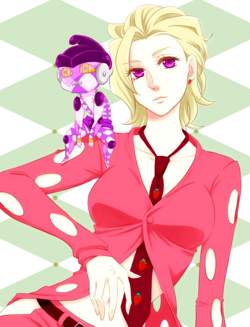 1boy 1girl 63_(aito-63) blonde_hair chibi formal_clothes genderswap genderswap_(mtf) jojo_no_kimyou_na_bouken mini_person miniboy necktie pannacotta_fugo platinum_blonde_hair purple_eyes purple_haze_(stand) short_hair stand_(jojo) suit