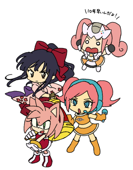 00s 4girls amy_rose animal_nose bad_id bad_pixiv_id black_hair bow bukiko chibi company_connection crossover game_console hair_bow headset japanese_clothes multiple_girls pink_hair ponytail red_bow sakura_taisen sega sega_dreamcast sega_dreamcast_(sega_hard_girls) sega_hard_girls shinguuji_sakura sonic_(series) space_channel_5 twintails ulala