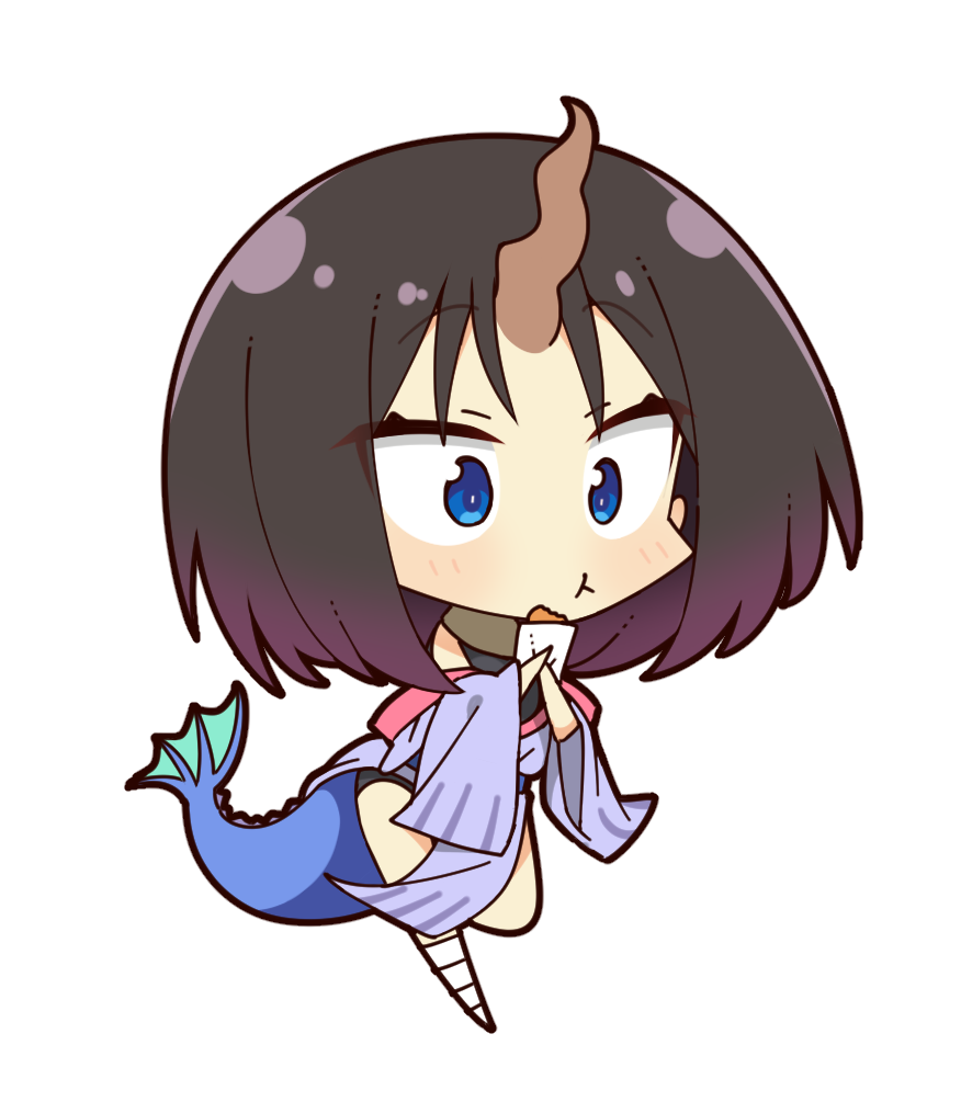 1girl black_hair blue_eyes chibi chibi_only eating elma_(maidragon) food full_body holding holding_food horns kobayashi-san_chi_no_maidragon mochimochi_kinako. short_hair single_horn solo transparent_background