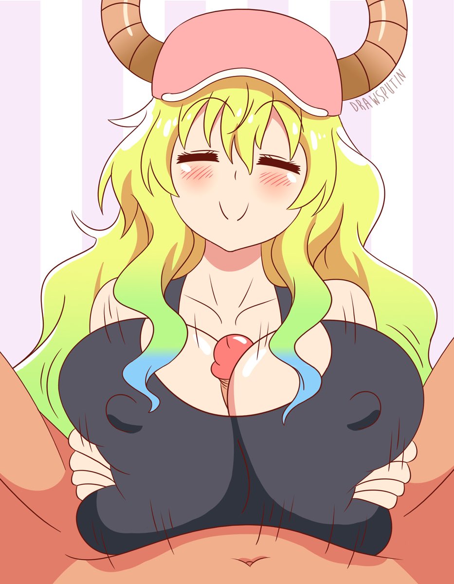 10s 1boy 1girl ^_^ baseball_cap between_breasts blonde_hair blush breasts closed_eyes covered_erect_nipples dragon_girl dragon_horns drawsputin grabbing_another&#039;s_breast gradient_hair groping happy hat hetero highres horns huge_breasts kobayashi-san_chi_no_maidragon long_hair looking_at_viewer lucoa_(maidragon) multicolored_hair paizuri paizuri_under_clothes penis smile solo_focus tank_top uncensored upper_body