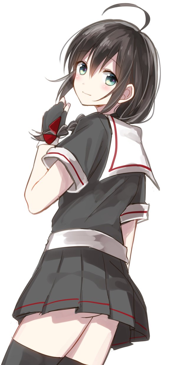 10s 1girl ahoge black_gloves black_hair black_thighhighs braid female_focus fingerless_gloves from_behind gloves green_eyes hair_ribbon highres kantai_collection long_hair looking_at_viewer looking_back otototo pleated_skirt ribbon school_uniform serafuku shigure_(kancolle) single_braid sketch skirt solo thighhighs white_background