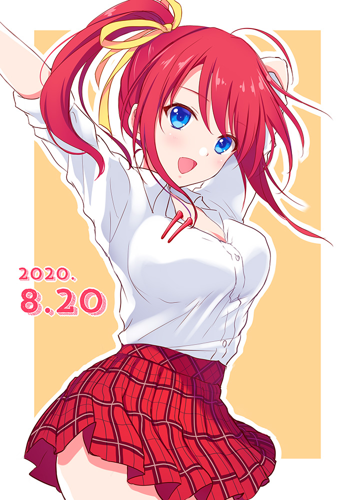 1girl akino_subaru arm_behind_head arms_up blue_eyes border breasts cowboy_shot dated hair_ribbon hatsukoi_1/1 large_breasts looking_at_viewer open_mouth outline outside_border plaid_clothes plaid_skirt ponytail red_hair red_skirt ribbon school_uniform shirt shirt_tucked_in sidelocks simple_background skirt smile solo swept_bangs tsukishima_kyou white_border white_outline white_shirt yellow_background yellow_ribbon