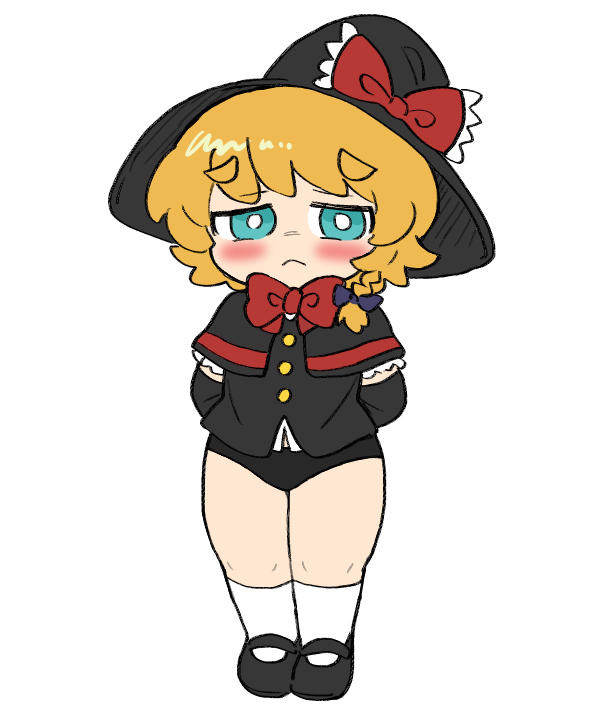 1girl arms_behind_back black_capelet black_gloves black_hat black_panties black_shoes blonde_hair blue_eyes blush blush_stickers bow bowtie braid bright_pupils bseibutsu buttons capelet closed_mouth commentary cookie_(touhou) elbow_gloves frown full_body gloves hair_bow hat hat_bow kirisame_marisa looking_at_viewer mary_janes meguru_(cookie) no_pants panties red_bow red_bowtie shoes short_hair side_braid simple_background single_braid socks solo standing thick_eyebrows touhou underwear white_background white_pupils white_socks witch_hat