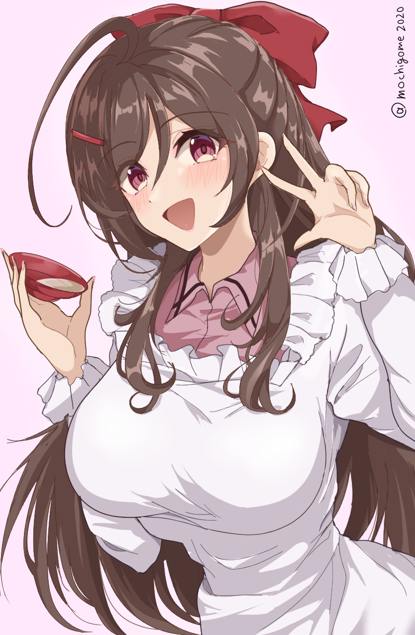 1girl ahoge apron breasts brown_hair chamumi_(mochiumee) collared_shirt grey_background hair_ornament hair_ribbon hairclip highres kantai_collection kappougi large_breasts long_hair mamiya_(kancolle) pink_shirt plate red_eyes ribbon saucer shirt simple_background smile solo tasting_plate twitter_username upper_body v