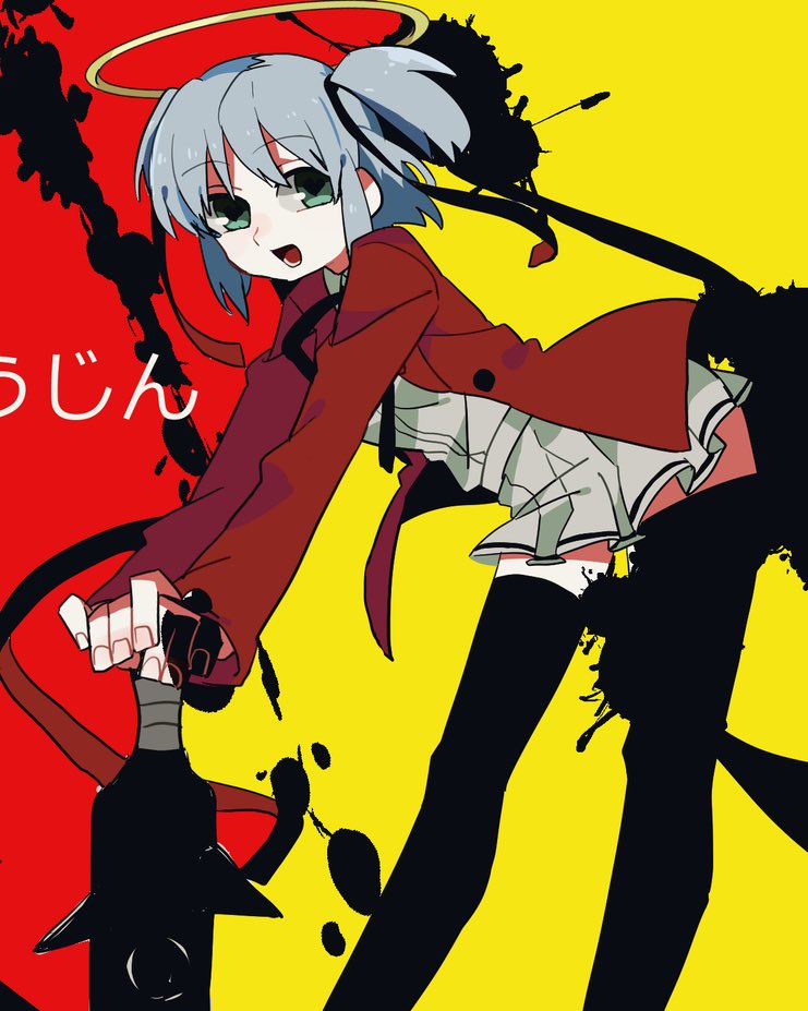 1girl black_ribbon black_thighhighs bokusatsu_tenshi_dokuro-chan club club_(weapon) excalibolg green_eyes grey_hair grey_skirt hair_ribbon halo holding holding_weapon jacket leaning_forward long_sleeves mitsukai_dokuro neck_ribbon open_mouth red_jacket ribbon short_hair simple_background skirt solo spiked_club thighhighs two_side_up uotsu_(sabakou) weapon