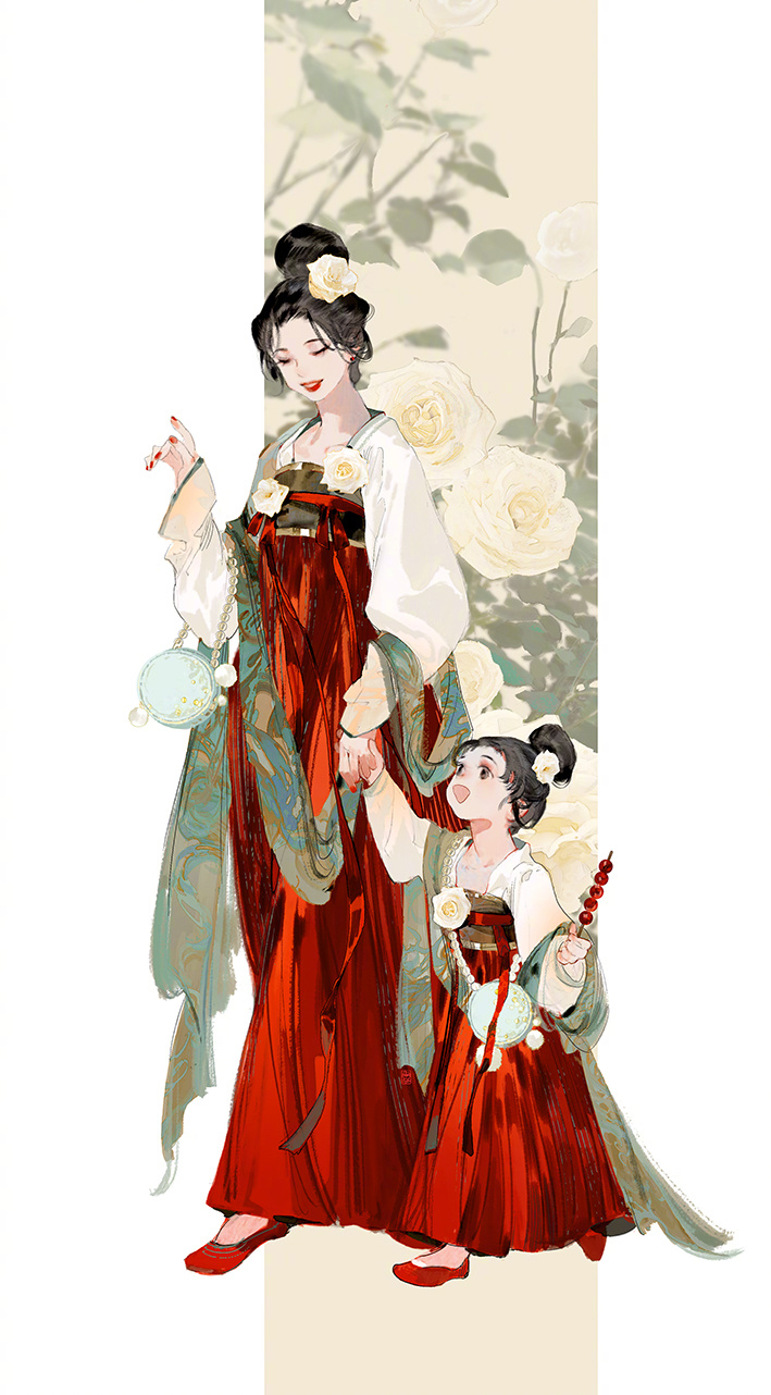 2girls age_difference bag child chinese_clothes dress flower full_body green_shawl hair_bun hair_flower hair_ornament handbag hanfu happy highres holding_hands ibuki_satsuki leaf matching_outfits mature_female mother_and_daughter multiple_girls original qixiong_ruqun red_dress red_footwear red_hanfu red_lips rose round_bag smile walking white_flower white_rose yuntouxie