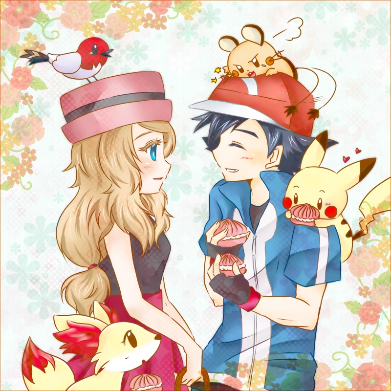 1girl ash_ketchum black_hair blue_eyes blush couple creatures_(company) dedenne closed_eyes fletchling food game_freak gen_1_pokemon gen_6_pokemon hat macaron momobesaeka nintendo pikachu pokemon pokemon_(anime) pokemon_(creature) pokemon_xy_(anime) serena_(pokemon)