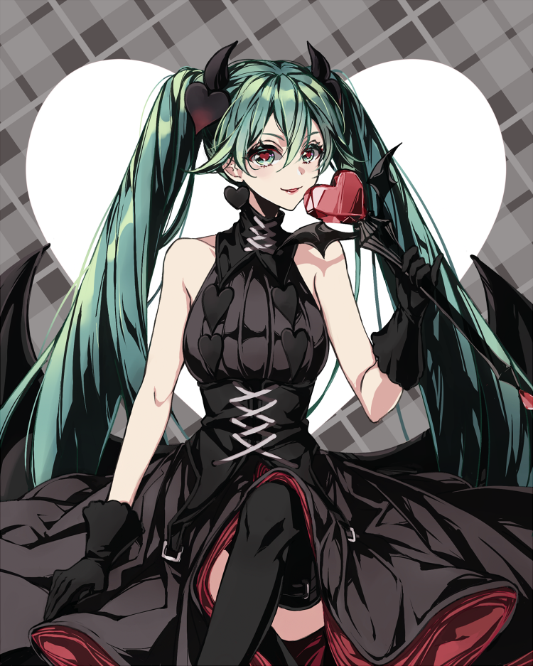 1girl absurdly_long_hair aqua_eyes aqua_hair black_dress black_gloves black_thighhighs bustier choker crossed_legs dress forever_7th_capital gloves hatsune_miku heart heart-shaped_pupils holding holding_staff long_dress long_hair looking_at_viewer mieux0_0 sitting sleeveless sleeveless_dress smile solo staff symbol-shaped_pupils thighhighs very_long_hair vocaloid