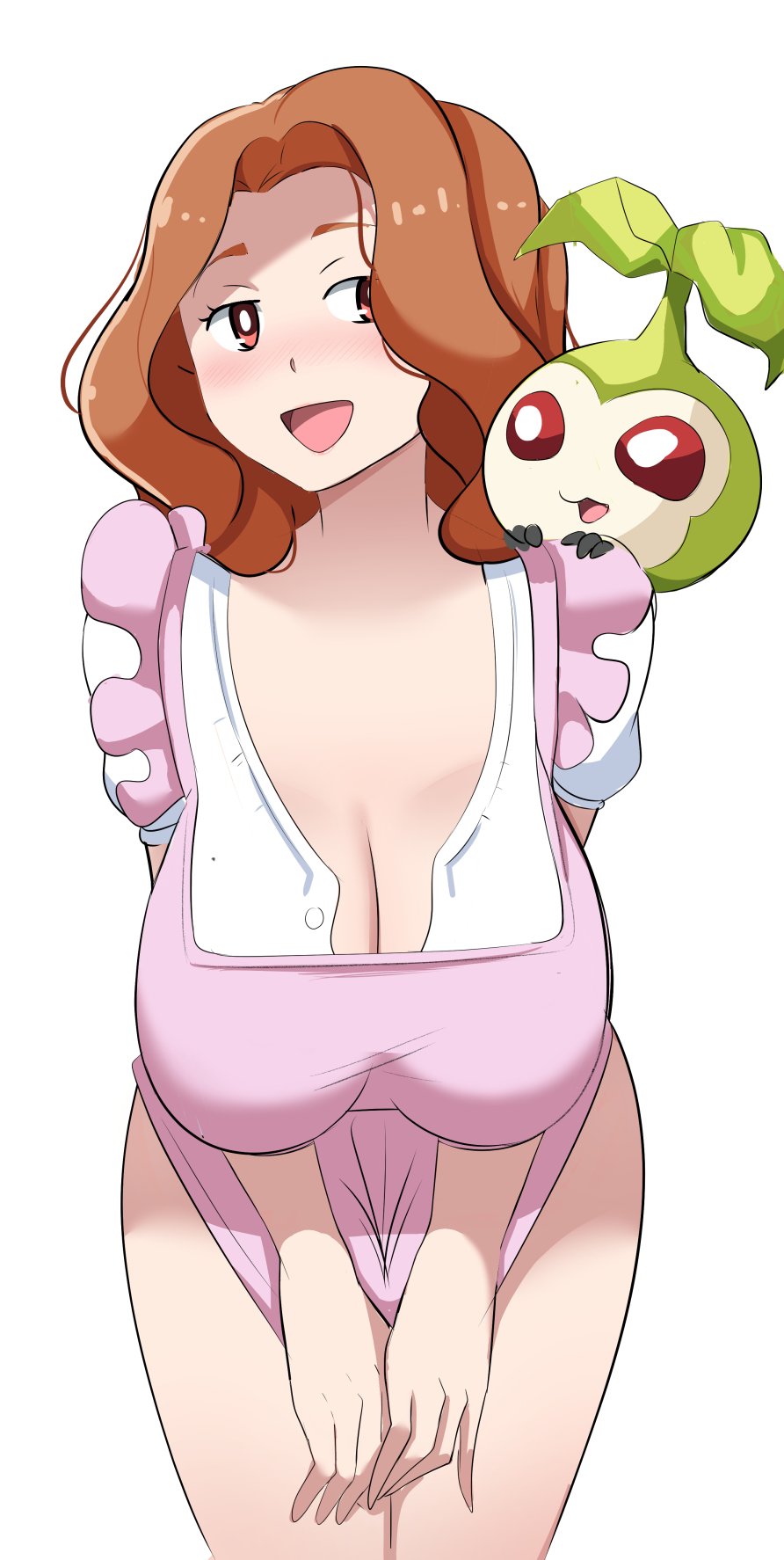 2girls bottomless breasts brown_eyes brown_hair commentary digimon digimon_(creature) digimon_adventure hanging_breasts highres large_breasts leaning_forward light_blush looking_at_viewer mature_female multiple_girls nightgown open_mouth pabsmikan simple_background tachikawa_mimi tanemon thighs white_background