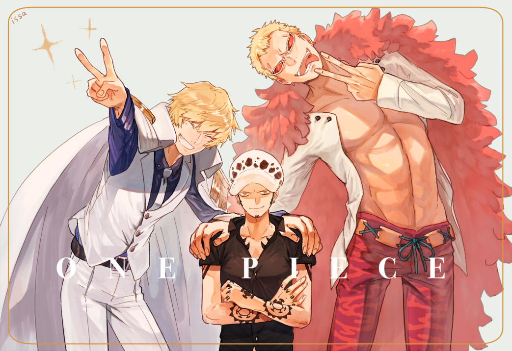 1yoichi1 3boys ^_^ alternate_universe black_hair blonde_hair closed_eyes coat coat_on_shoulders copyright_name crossed_arms donquixote_doflamingo donquixote_rocinante closed_eyes fur_coat grin hand_on_another&#039;s_shoulder hat long_sleeves male_focus multiple_boys necktie one_piece open_clothes open_shirt pink_coat short_sleeves smile sunglasses tattoo tongue tongue_out trafalgar_law v vest yellow_eyes