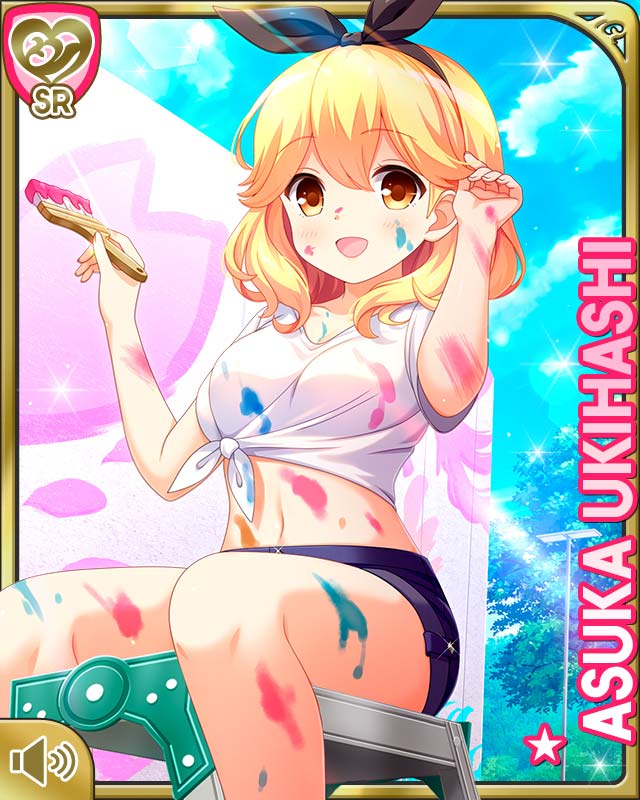 1girl blonde_hair blue_shorts bow breasts brown_eyes card_(medium) day girlfriend_(kari) hair_bow medium_breasts midriff navel official_art open_mouth outdoors paint paintbrush qp:flapper shirt short_hair shorts smile solo tagme tied_shirt ukihashi_asuka white_shirt