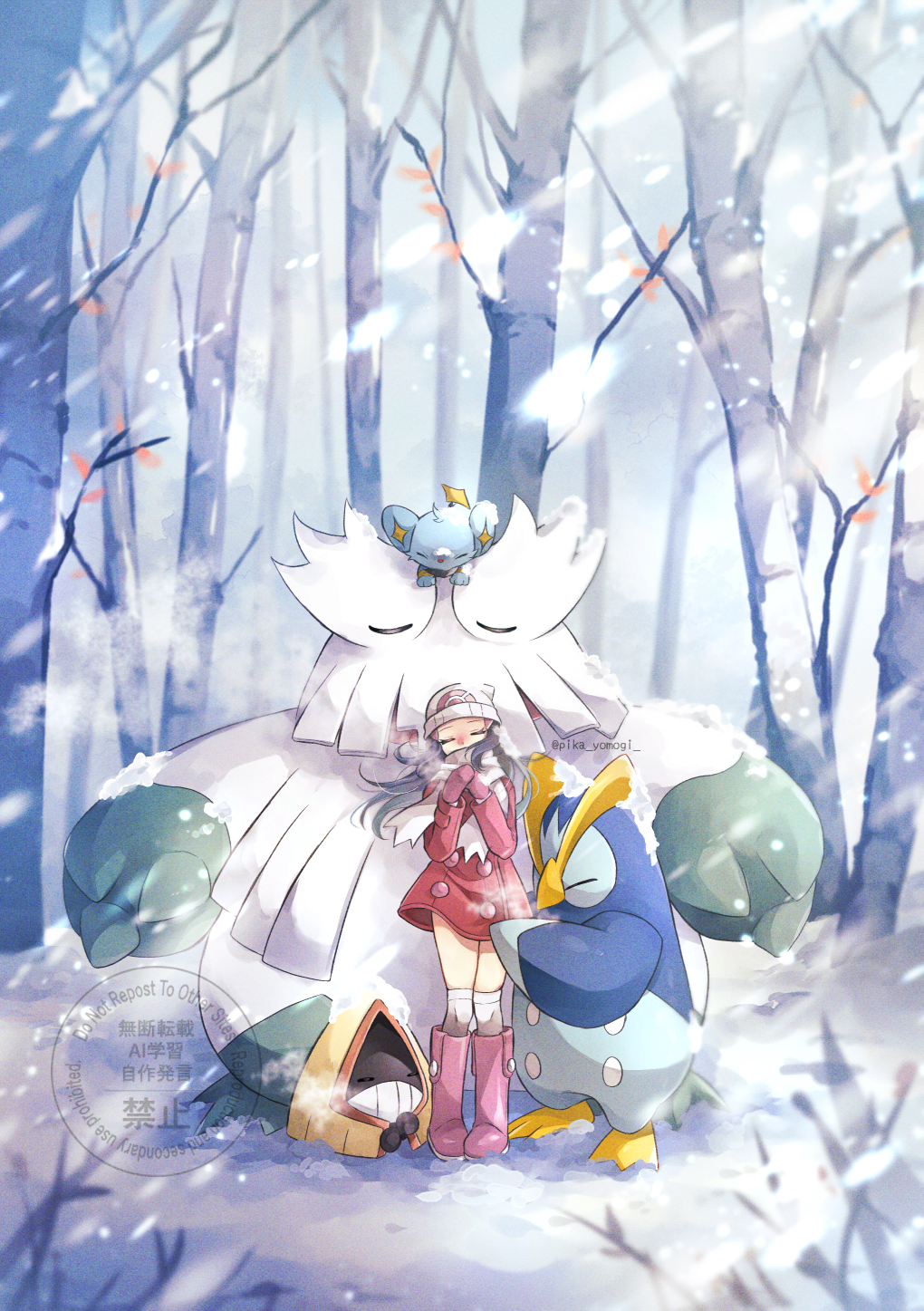 1girl abomasnow beanie black_hair boots closed_eyes coat commentary_request creatures_(company) dawn_(pokemon) day game_freak gen_3_pokemon gen_4_pokemon hat highres long_hair long_sleeves mittens nintendo outdoors over-kneehighs pink_footwear pokemon pokemon_(creature) pokemon_dppt pokemon_platinum prinplup red_coat scarf shinx snorunt snow snowing standing thighhighs tree watermark white_scarf winter yomogi_(black-elf)