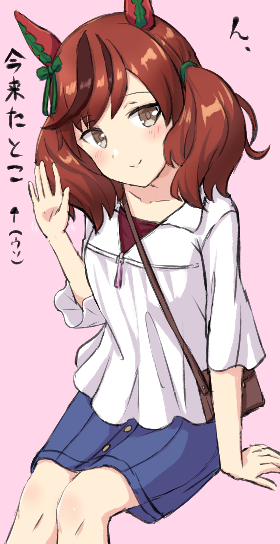 1girl animal_ears arm_support arrow_(symbol) bad_id bad_pixiv_id bag blue_skirt blush brown_eyes brown_hair closed_mouth collarbone commentary_request engiyoshi feet_out_of_frame hand_up highres horse_ears long_sleeves looking_at_viewer multicolored_hair nice_nature_(umamusume) pink_background shirt shoulder_bag simple_background sitting skirt smile solo streaked_hair translation_request twintails umamusume white_shirt