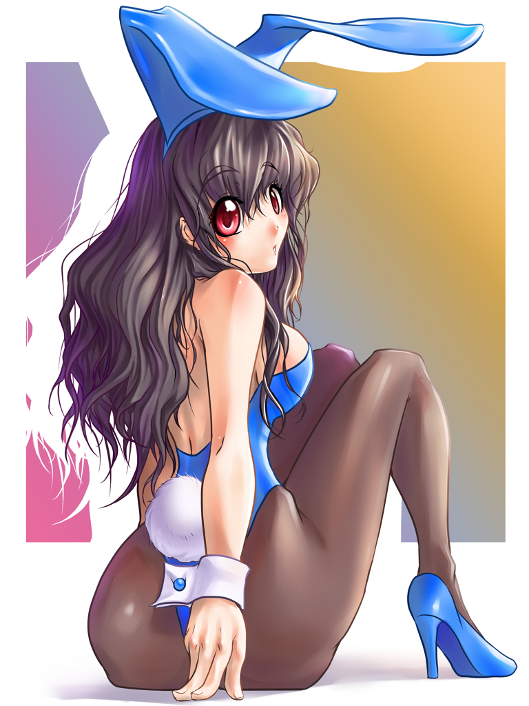 animal_ears arm_support black_hair con-tex fake_animal_ears from_behind high_heels leotard long_hair original pantyhose playboy_bunny pumps rabbit_ears rabbit_tail red_eyes sitting solo tail