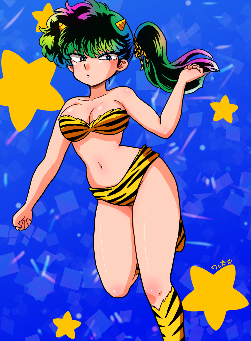 1girl animal_print bikini blue_background breasts closed_mouth cosplay foot_out_of_frame green_hair grey_hair highres kunou_kodachi large_breasts long_hair looking_at_viewer lum lum_(cosplay) navel ponytail print_socks ranma_1/2 socks solo star_(symbol) strapless strapless_bikini striped_bikini striped_clothes swimsuit tiger_print urusei_yatsura wanta_(futoshi) yellow_bikini