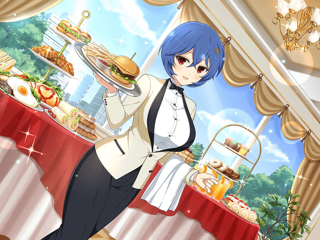 1girl amane_(senran_kagura) blue_hair bow bowtie breasts buffet burger cake chandelier cupcake day doughnut egg food formal_clothes french_fries hair_ornament hairpin holding holding_tray indoors jacket juice ketchup large_breasts light_blush looking_at_viewer multiple_hairpins non-web_source official_art omelet omurice open_mouth orange_juice red_eyes sandwich senran_kagura senran_kagura_new_link short_hair smile suit suit_jacket swiss_roll table tray tree waitress