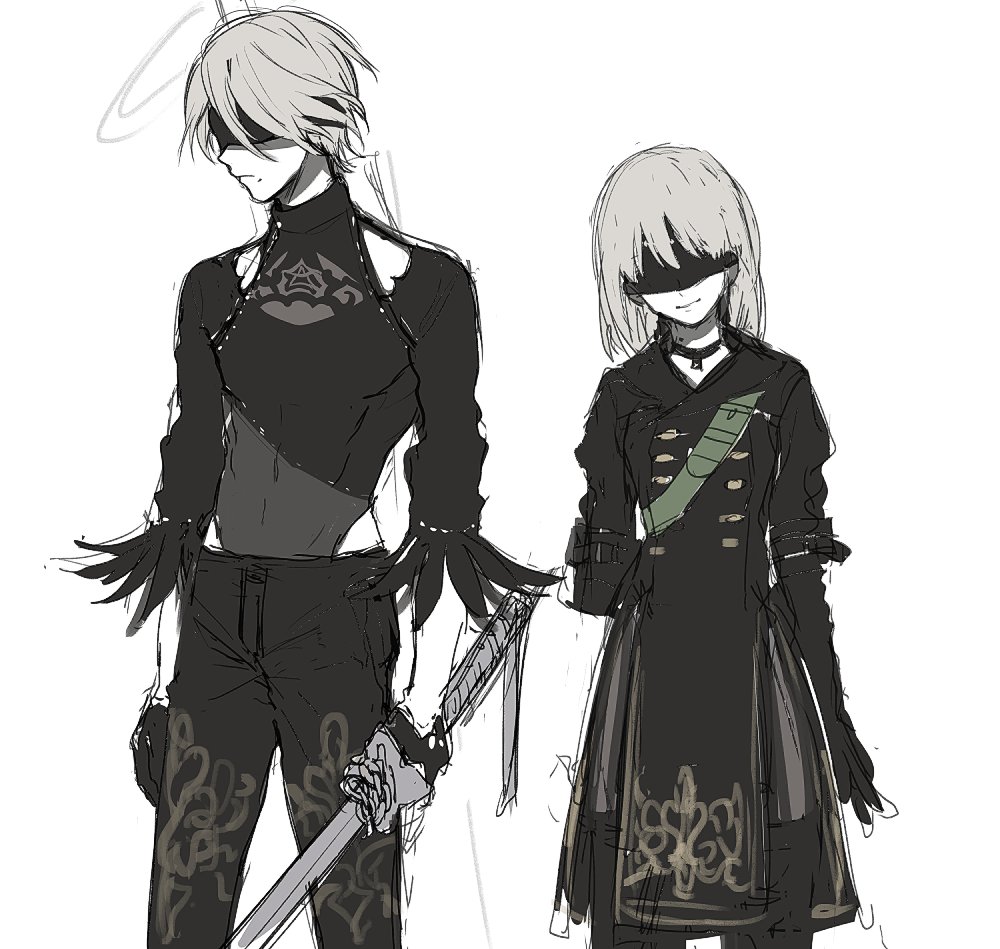 1boy 1girl blindfold buttons daenarys double-breasted drag-on_dragoon genderswap genderswap_(ftm) genderswap_(mtf) grey_hair halterneck holding holding_sword holding_weapon leotard long_sleeves medium_hair mole mole_under_mouth navel nier_(series) nier:automata see-through_clothes sword toned toned_male weapon 2b_(nier:automata) 9s_(nier:automata)