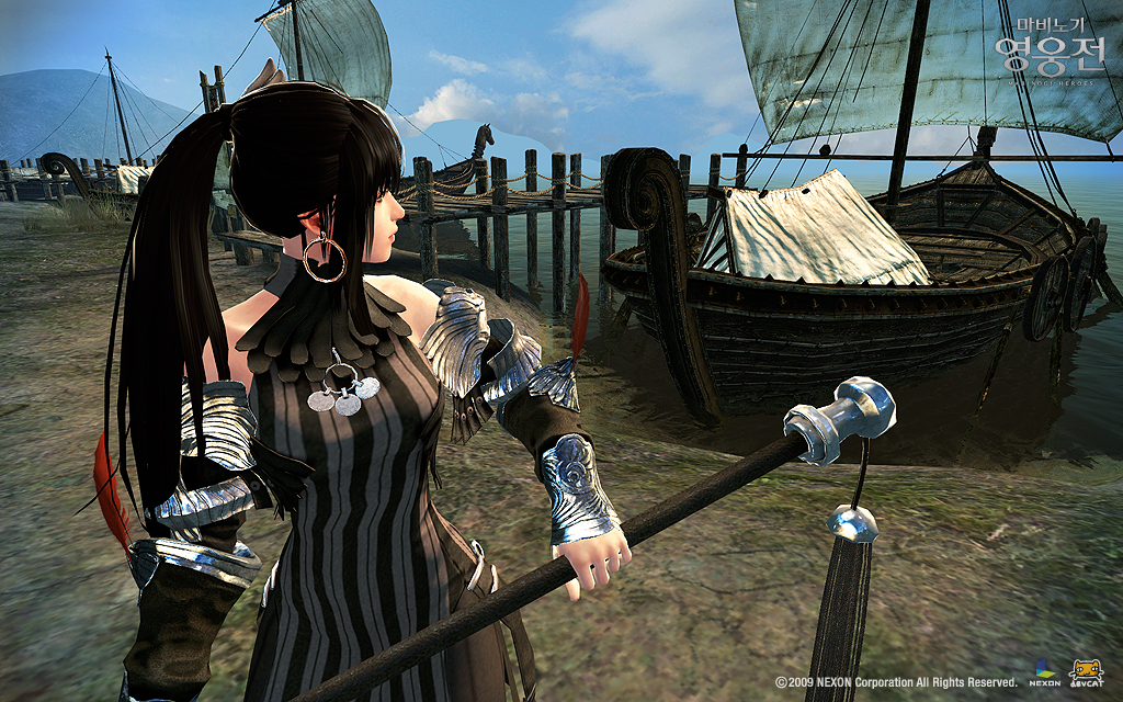 1girl 3d black_hair black_theme boat breasts brown_eyes earrings evy_(mabinogi) female_focus hoop_earrings jewelry korean_text long_hair looking_away mabinogi mabinogi_heroes ponytail solo stripe striped watercraft