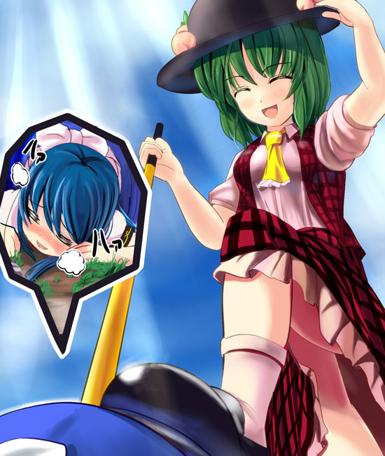 2girls ascot aw bad_id bad_pixiv_id blue_eyes closed_eyes female_focus food fruit green_hair hat heavy_breathing hinanawi_tenshi kazami_yuuka masochism multiple_girls peach plaid_clothes plaid_skirt plaid_vest sadism short_hair skirt skirt_set stepped_on sword sword_of_hisou touhou vest weapon yakumo_yukari