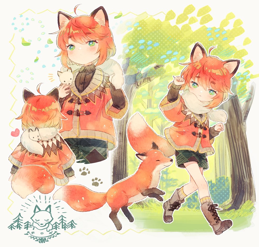 1girl animal animal_around_neck animal_ears argyle_clothes argyle_shorts black_shorts boots border brown_footwear brown_shirt brown_trim cardigan commentary conago cross-laced_footwear day doodle_inset fading_border falling_leaves ferret forest fox fox_ears fox_girl fox_tail green_eyes heart layered_clothes layered_sleeves leaf long_sleeves looking_at_animal multiple_views nature orange_cardigan orange_tail original outdoors outline print_cardigan ribbed_socks shirt short_over_long_sleeves short_shorts short_sleeves shorts socks symbol-only_commentary tail toggles tree white_background white_outline wide_sleeves yellow_socks