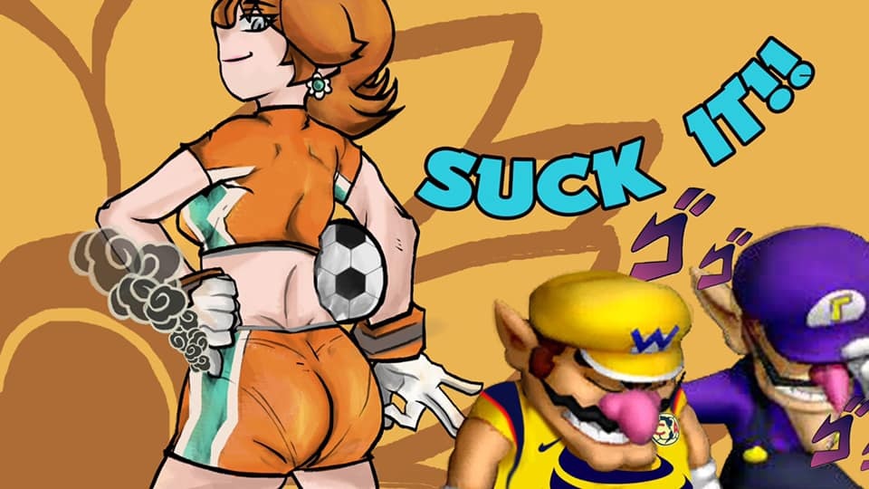 1girl 2boys artist_request ass ass_focus bad_tag ball breasts brown_hair crop_top daisy&#039;s_hot_stuff_(meme) earrings facial_hair flower_earrings from_behind gloves hand_on_own_hip hands_on_own_hips hat huge_ass jewelry looking_at_another looking_at_viewer looking_back mario_(series) mario_strikers_(series) midriff multiple_boys mustache nintendo open_mouth overalls panties_visible_through_clothes princess_daisy shirt short_sleeves shorts smile soccer_ball soccer_uniform source_request sportswear super_mario_strikers teeth tomboy tongue tongue_out waluigi wario white_gloves