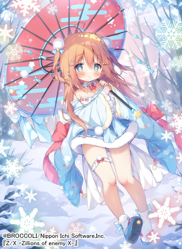 1girl bare_shoulders bare_tree blue_dress blue_eyes blush bow brown_hair cloud company_name copyright_name copyright_notice dress frilled_thigh_strap frills hair_ornament looking_at_viewer momozu_komamochi nature official_art oil-paper_umbrella open_mouth outdoors pointy_ears pom_pom_(clothes) shoes snow snowflakes snowing solo star-shaped_pupils star_(symbol) star_hair_ornament symbol-shaped_pupils tree two_side_up umbrella x-micamo z/x