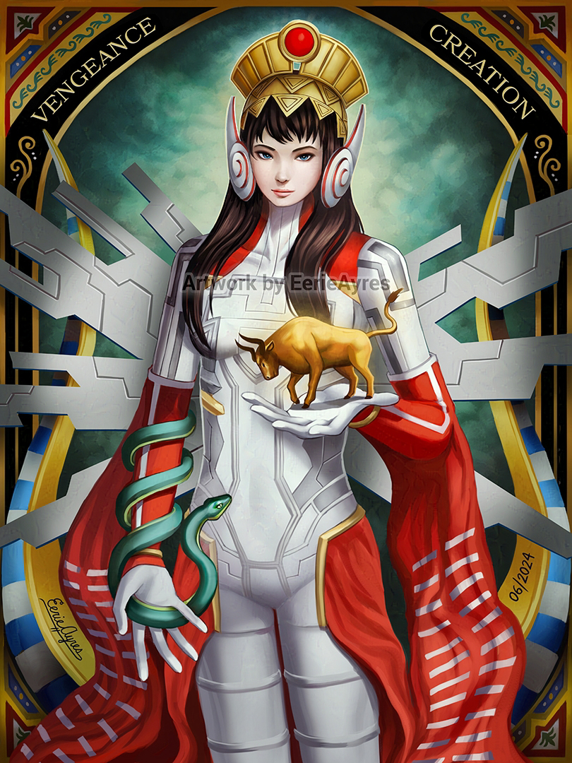 1girl black_hair blue_eyes bodysuit brown_hair bull eerie_ayres headdress isonokami_tao long_hair mechanical_wings shin_megami_tensei shin_megami_tensei_v snake solo spoilers standing waist_cape wings