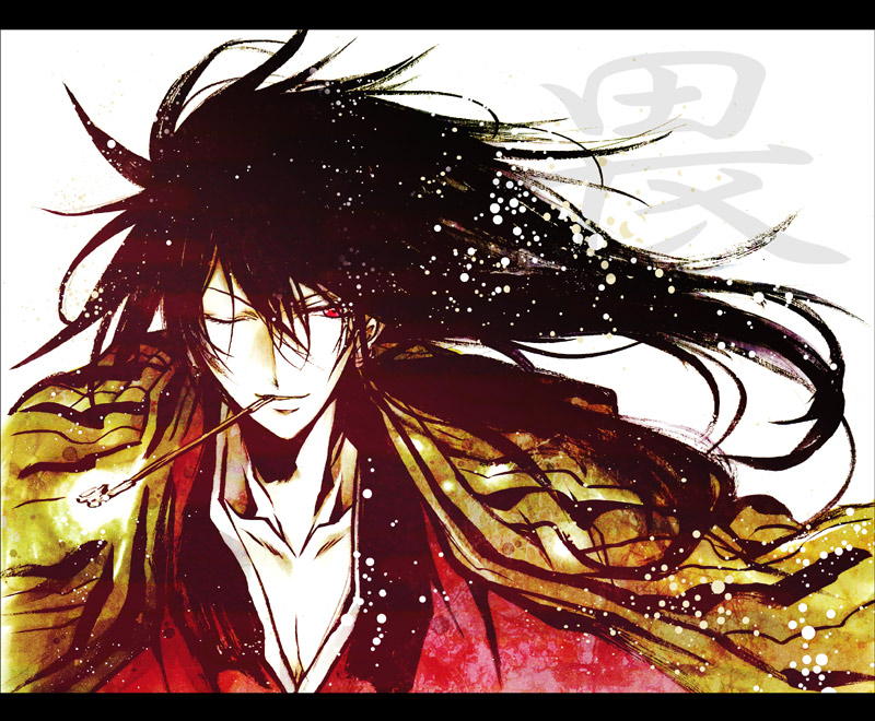 1boy black_hair japanese_clothes kimono kiseru letterboxed long_hair male_focus nekoritatsuki nura_rihan nurarihyon_no_mago one_eye_closed red_eyes smoking_pipe solo wink yukata