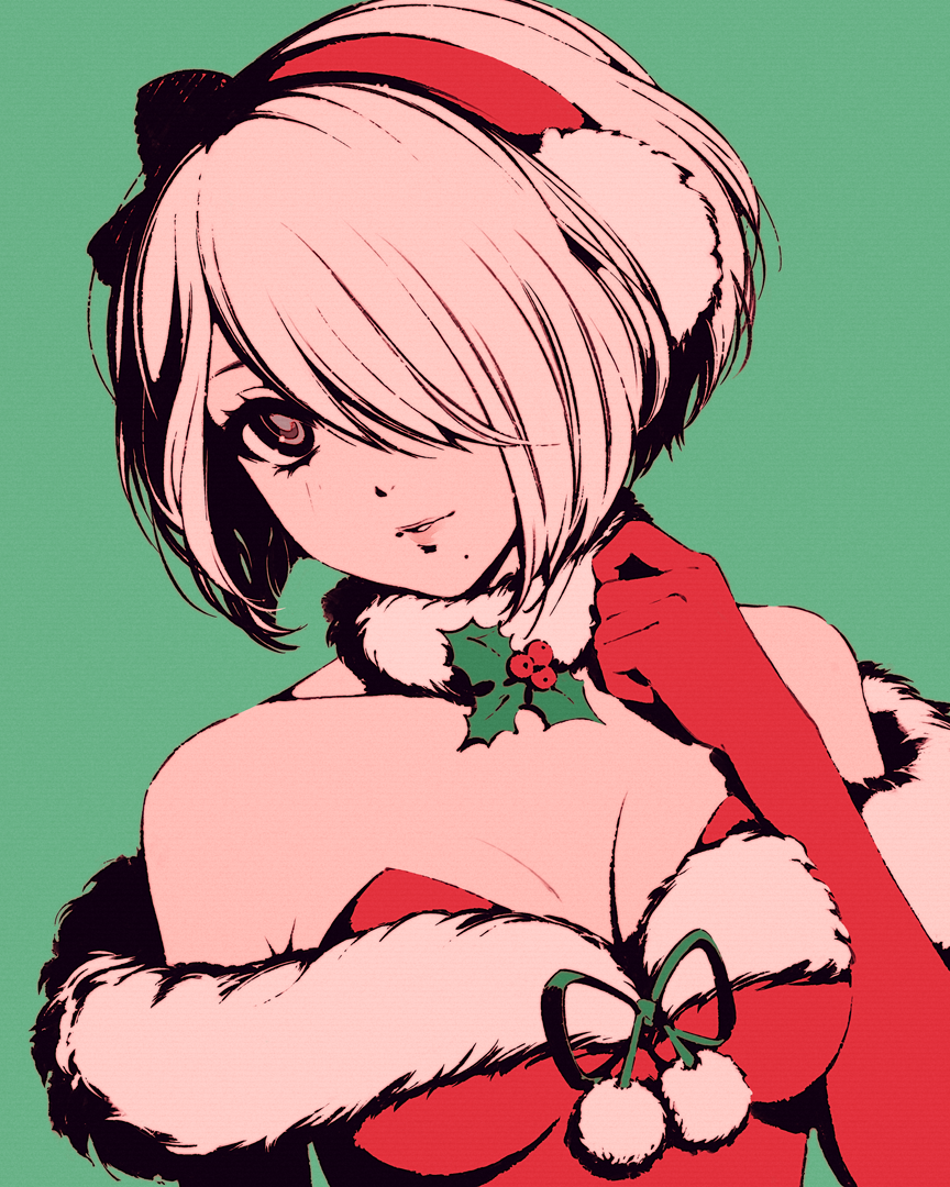 2b_(nier:automata) bare_shoulders breasts christmas cleavage gloves looking_at_viewer medium_breasts medium_hair moshimoshibe nier:automata nier_(series) one_eye_covered white_hair