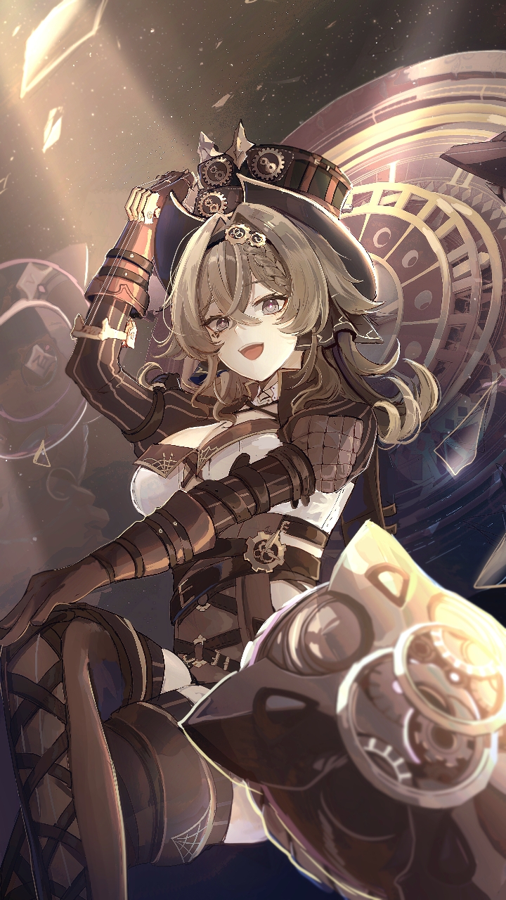 1girl boots breasts brown_footwear brown_hair brown_hat brown_shirt cleavage clockwork clothing_cutout crossed_legs grey_eyes hair_between_eyes hat highres holding holding_unworn_clothes holding_hat holding_unworn_clothes honkai_(series) honkai_impact_3rd large_breasts long_hair long_sleeves looking_at_viewer open_mouth pink_pupils puffy_long_sleeves puffy_sleeves senin_liku shirt shorts side_cutout sitting smile solo teeth thigh_boots thighhighs thighs top_hat upper_teeth_only vill-v zettai_ryouiki