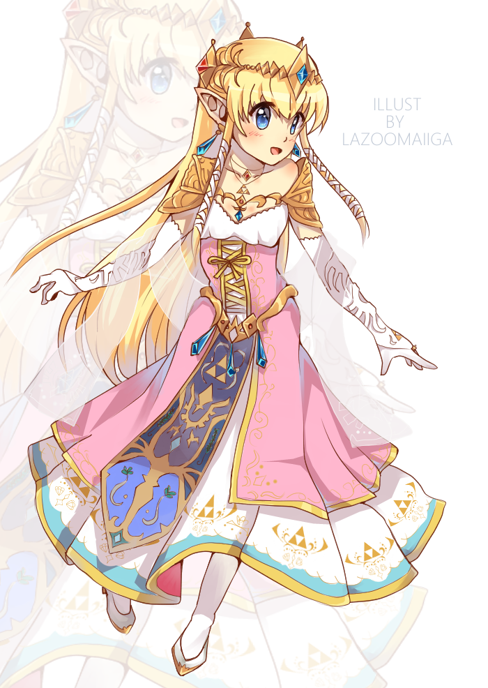 1girl blonde_hair blue_eyes blue_gemstone blush crown dress elbow_gloves elf gem gloves jewelry lazoomaiga looking_to_the_side necklace nintendo pointy_ears princess princess_zelda the_legend_of_zelda triforce triforce_necklace triforce_print