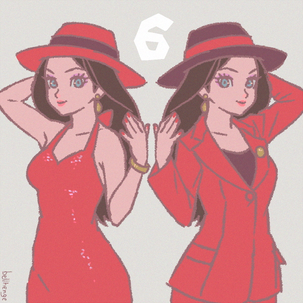 1girl bellhenge blue_eyes bracelet breasts brown_hair coat donkey_kong_(series) dress dual_persona earrings eyeshadow hat jewelry lipstick long_hair looking_at_viewer makeup mario_(series) nintendo pauline_(mario) red_dress red_lips solo super_mario_odyssey