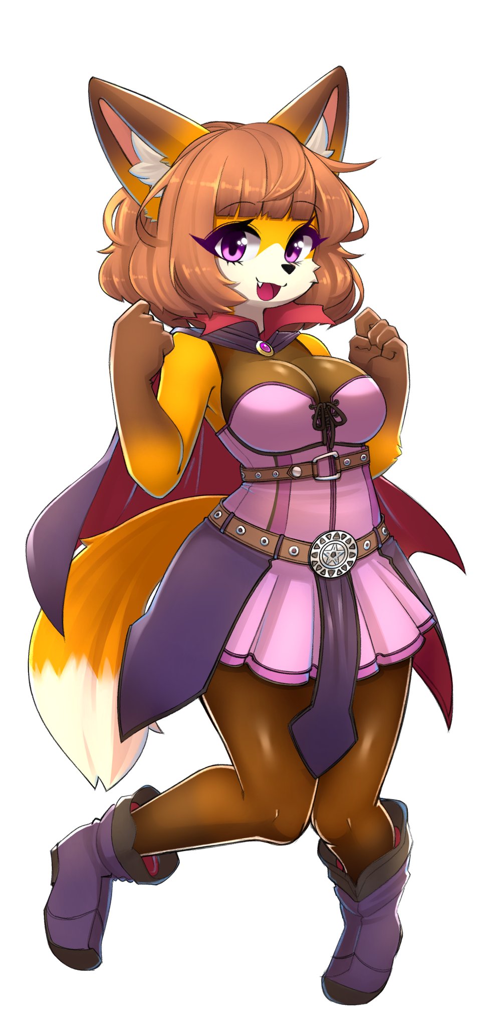 1girl animal_ears blunt_bangs blush bodystocking breasts brown_hair cleavage commission fang fox_ears fox_girl fox_tail full_body furry furry_female highres jupiter_europe large_breasts looking_at_viewer messy_hair open_mouth original purple_eyes short_hair smile solo tail