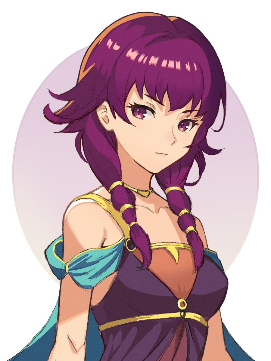 1girl border closed_mouth collarbone commentary english_commentary expressionless eyelashes fire_emblem fire_emblem:_the_sacred_stones highres kumaking long_hair lute_(fire_emblem) multi-tied_hair nintendo purple_eyes purple_hair solo standing upper_body white_border