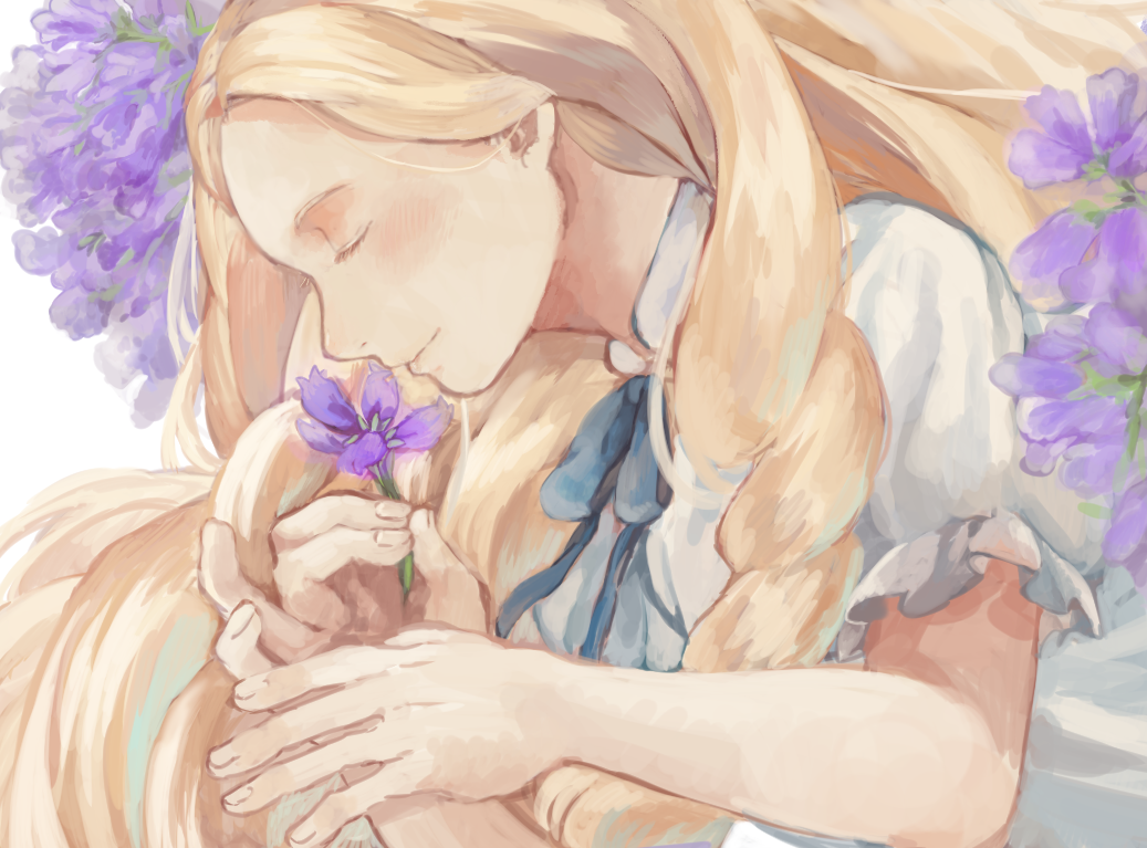 10s 1girl blonde_hair closed_eyes female_focus fingernails flower henachoko holding light_smile long_hair marnie_(omoide_no_marnie) omoide_no_marnie pinky_out profile puffy_short_sleeves puffy_sleeves ribbon short_sleeves solo