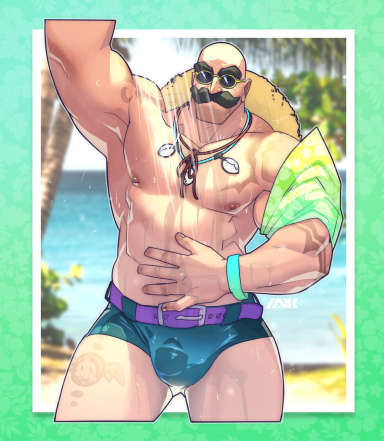 1boy bald bandana bandana_around_arm bara beach belt blue_male_swimwear border braum_(league_of_legends) bulge facial_hair green_bandana green_border hand_on_own_stomach hat jewelry league_of_legends lowres male_swimwear muscular muscular_male mustache naxynaxx necklace nipples palm_tree pectorals pool_party_braum purple_belt signature straw_hat sunglasses swim_briefs thick_eyebrows thick_mustache tree water wristband