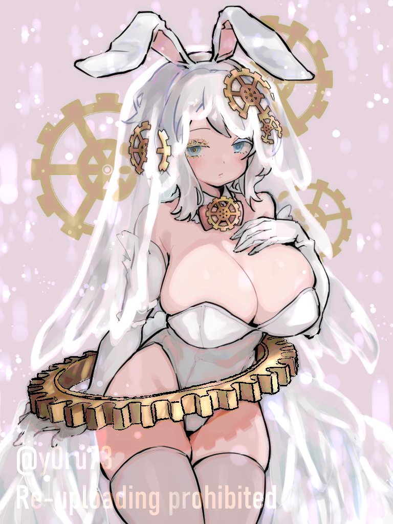 1girl alternate_breast_size animal_ears blue_eyes bow bowtie breasts bridal_lingerie bridal_veil bride detached_collar detached_sleeves e.g.o_(project_moon) everlasting_(e.g.o) everlasting_faust_(project_moon) faust_(project_moon) gears gloves large_breasts leotard limbus_company lingerie medium_hair playboy_bunny project_moon rabbit_ears solo thighhighs veil white_gloves white_hair white_thighhighs y0ru73