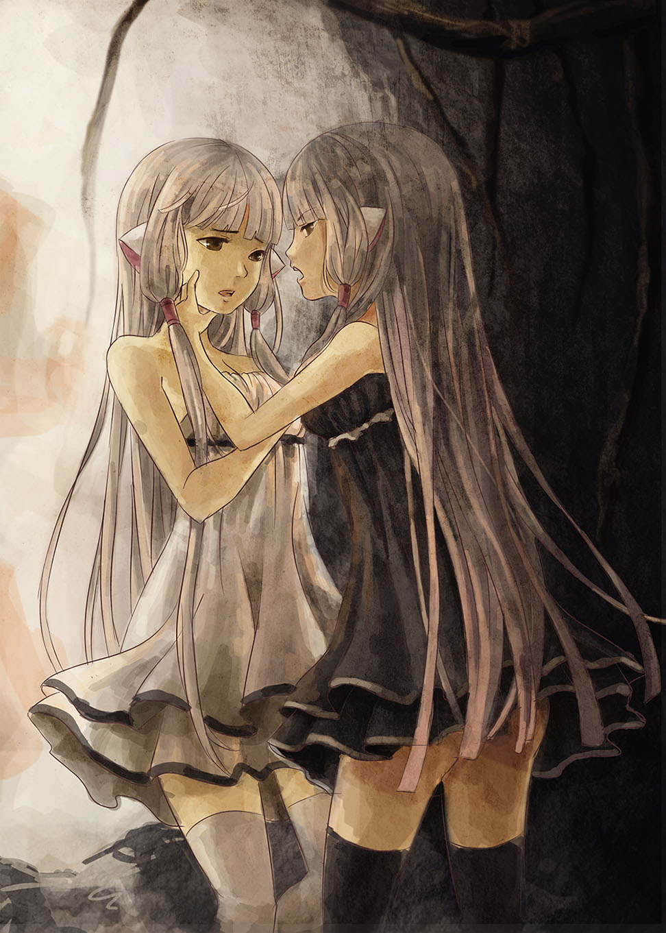 00s 2girls bare_shoulders black_legwear brown_eyes chii chobits dress freya freya_(chobits) grey_theme hair_tubes highres long_hair multiple_girls reiashford robot_ears short_dress siblings silver_hair sisters strapless strapless_dress thighhighs twins white_legwear zettai_ryouiki