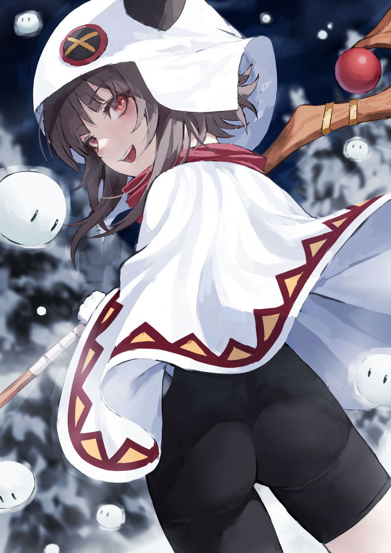 1girl :d ass bike_shorts black_hair blurry blurry_background blush buttons cowboy_shot dutch_angle fagi_(kakikaki) from_behind holding holding_staff hood hood_up kono_subarashii_sekai_ni_shukufuku_wo! looking_back medium_hair megumin night official_alternate_costume open_mouth outdoors poncho red_eyes smile snow snowball solo staff teeth tongue tree upper_teeth_only winter